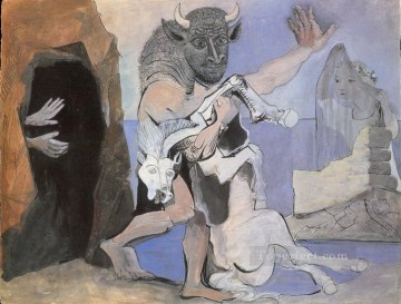パブロ・ピカソ Painting - ベールをかぶった少女と向き合う洞窟の前のミノタウロスと死んだ雌馬 1936年 パブロ・ピカソ